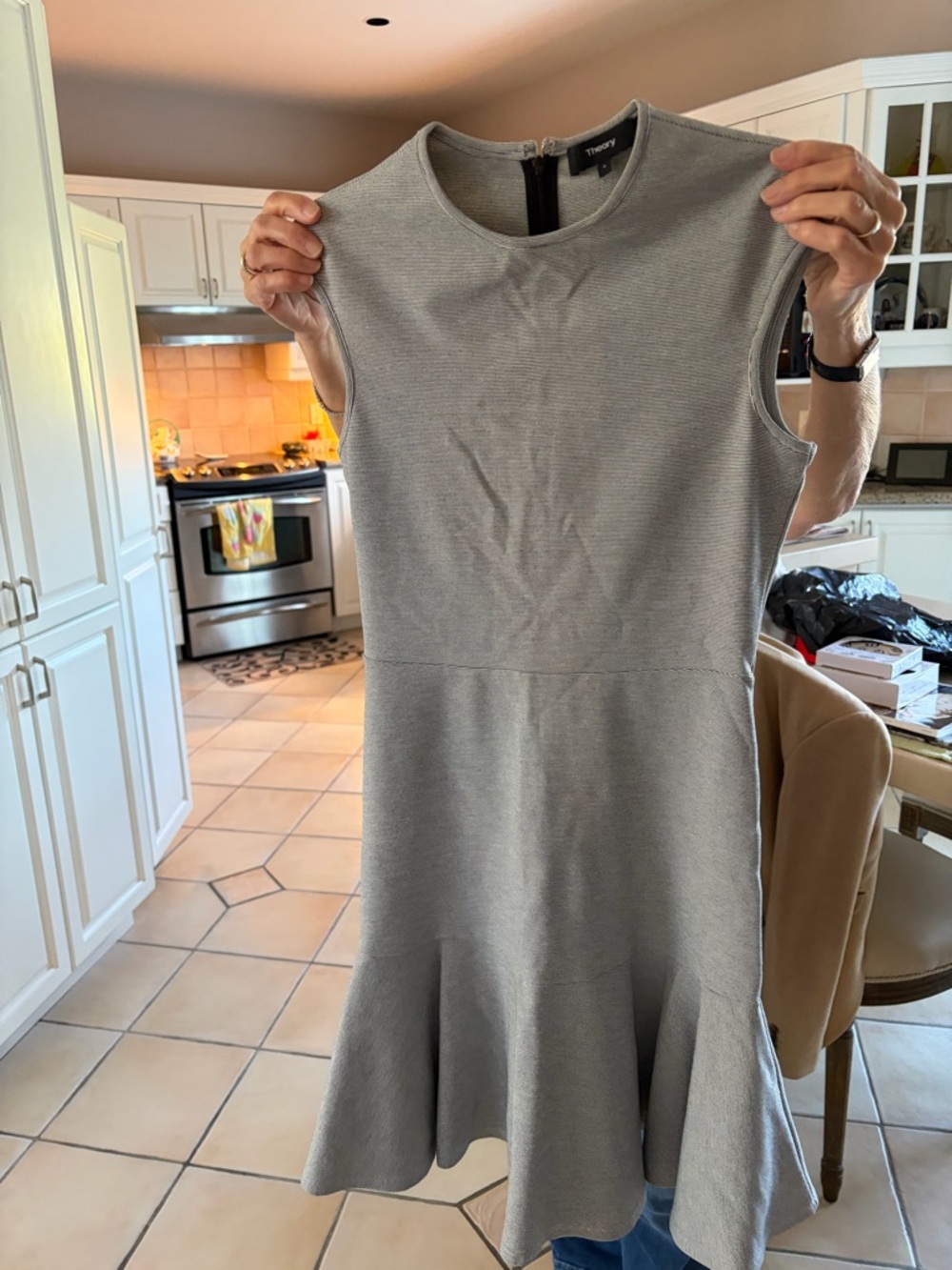 Theory Light Gray Sleeveless Midi Fit-and-Flare Dress